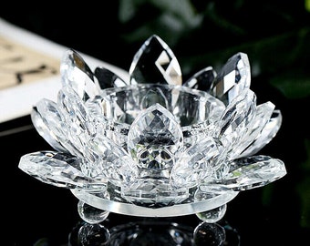 Glass Crystal Lotus Flower Tea Light Holder - Clear