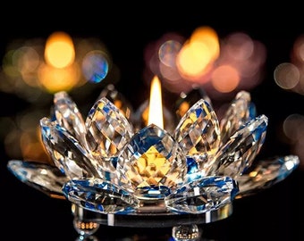 Glass Crystal Lotus Flower Tea Light Holder - Blue