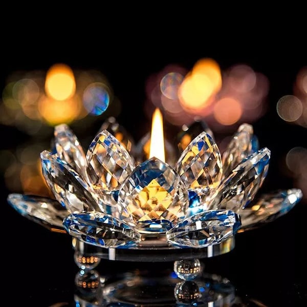 Glass Crystal Lotus Flower Tea Light Holder - Blue