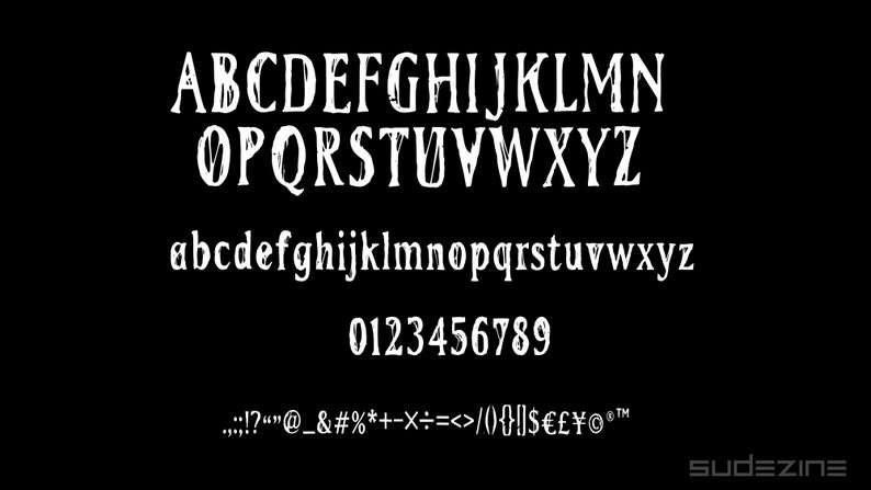May include: A font alphabet with uppercase and lowercase letters, numbers, and punctuation marks. The font is a distressed, hand-drawn style with a white color on a black background.