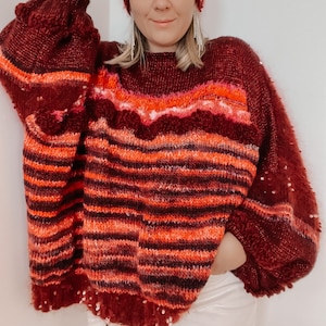 Red unique luxury oversized handmade knit sweater, Wool sweater dopamine dressing, Hand Knit Jumper, Hand Knit Balloon Sleeves