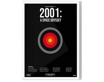 Póster minimalista de la película 2001: Odisea del Espacio, estilo retro moderno de mediados de siglo.
