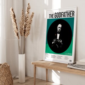 May include: A green and white movie poster for the film "The Godfather" featuring a black and white image of Marlon Brando as Don Vito Corleone. The poster includes the film's title, director, and cast.