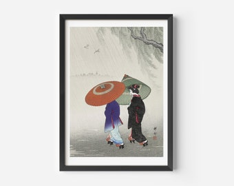 Japanse kunstprint Two Women in the Rain, moderne muurdecoratie uit het midden van de eeuw