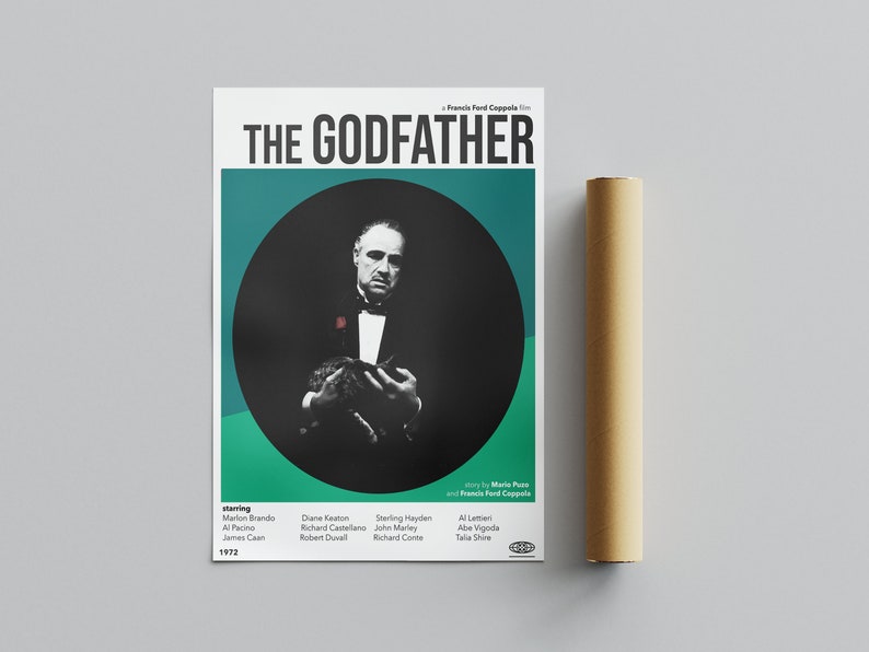 May include: A vintage movie poster for The Godfather, featuring a black and white image of Marlon Brando as Don Vito Corleone holding a cat. The poster has a green background with a circle around the image. The text "THE GODFATHER" is in bold black letters at the top of the poster.