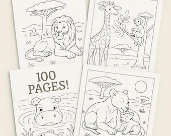 May include: Four black and white coloring pages featuring safari animals. Images include a lion, giraffe with a monkey, hippo with a fish, and a lioness with a cub. The words "100 PAGES!" are printed on one of the pages.