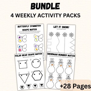Op de afbeelding: Een bundel van vier activiteitenpakketten voor kinderen. De pakketten bevatten activiteiten voor fijne motoriek, tellen, kleuren, vormen en traceren. De afbeelding toont pagina's met vlindersymmetrie, sneeuwvlokken traceren, ijsbeer vorm matching en sneeuwman nummer matching.