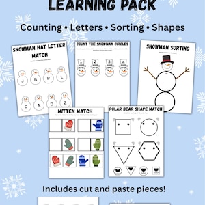 May include: A winter-themed learning pack with activities for counting, letters, sorting, and shapes. Includes worksheets for matching letters to snowman hats, counting snowman circles, and sorting snowman parts. Features cut and paste pieces.
