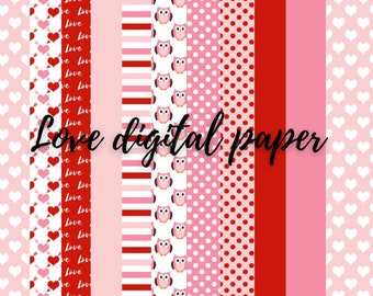 Valentinstag digitales Papier Liebe Scrapbook Papier Valentine Muster Herzen druckbares Papier Vogel Eule Amor Hintergrund kommerzielle Nutzung D771