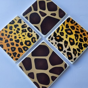 Juego de montañas rusas de cerámica de estampado animal - Juego de 4 - Juego de montaña rusa con estampado de jirafa - Juego de montaña rusa con estampado de guepardo - Posavasos lindos - Posavasos de bebida