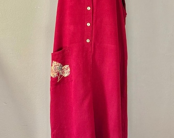 Vintage Rayon Pullover von Sag Cabochon: Rote Schürze mit durchgehender Knopfleiste, Gr. 14