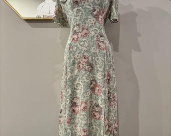 Vintage 90s Floral Midi Dress Size 12 Cottagecore Prairie Dress Tie Back Waist Romantic Garden Dress Sunshine Starshine