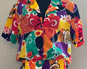 Vintage 80er Jahre abstraktes Hemd mit Schulterpolstern und Knöpfen | Geometrisches Retro-Design | Mutige Aussage | Frauen Top