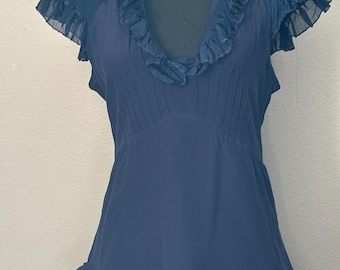 Tt Collection Navy Seidenbluse : Cape Ärmel Rüschen Top (S)