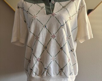 Vintage Teddi Knit Polo Top Floral Embroidered Cottagecore Collared Shirt Shoulder Pads Size Large