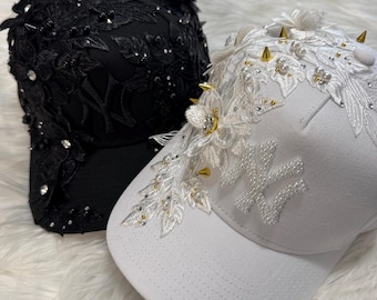 Custom 3D Flower, Pearl and Rhinestone Baseball Cap | Embellished NY Hat | SnapBack Bling Hat