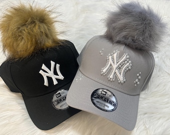 Customizable Baseball Cap with Faux Fur Pompom Ball: Pearl and Faux Fur Pompom Snapback Hat