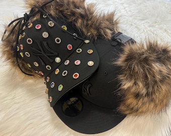 Customizable Rhinestone Faux Fur Baseball Cap: Embellished NY Bling Hat