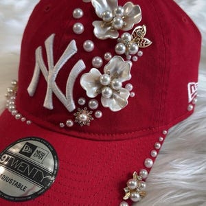 Red Pearl and Rhinestoned-Embellished Yankees Baseball Cap NY Adjustable Embellished Hat ? ✨ #pearls #rhinestonehat  main image 3