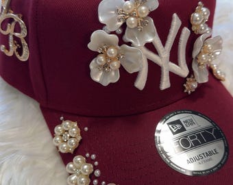 Custom Pearl Rhinestone Baseball Cap | NY Bling SnapBack | Embellished Hat
