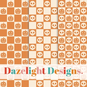 May include: Halloween-themed digital paper with a checkerboard design in orange and cream. The squares display either a jack-o'-lantern or a skull. The text "Dazelight Designs" is at the bottom of the image.