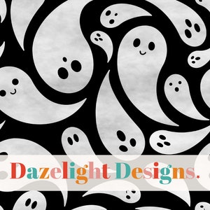 May include: A black and white seamless pattern featuring a repeating design of ghosts with different facial expressions. The ghosts are white with black eyes and mouths. The background is black.