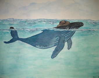 Original watercolor painting of a whale 11"x15"