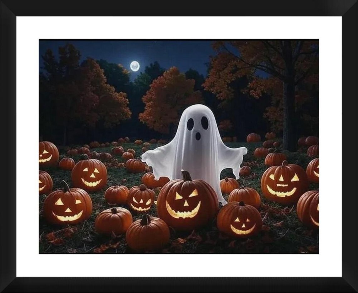 Ghost in Pumpkin Patch Art Print | Moonlit Halloween Decor (digital ...