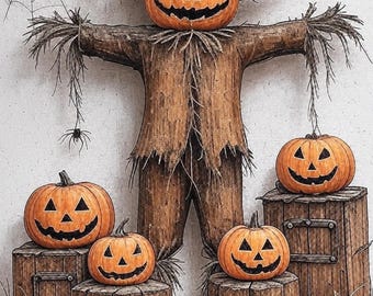 Rustikaler Vogelscheuche Halloween Kunstdruck | Bauernhaus Kürbis Dekor (Digitaler Download)