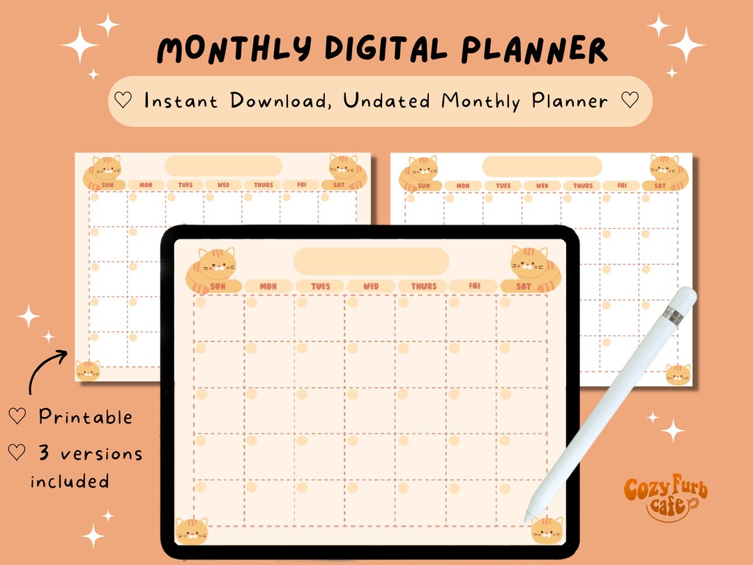 Orange Cat Monthly Digital Planner / Printable Undated Calendar / 2025 ...