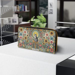 Cartera con cremallera y estampado de gato con cartas de tarot de piel sintética