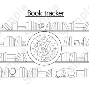 Peut inclure: Illustration en noir et blanc d'une bibliothèque avec des livres, un chat et des éléments décoratifs. Le texte "Book tracker" est en haut. Idéal pour le coloriage ou le journal, le design est simple.
