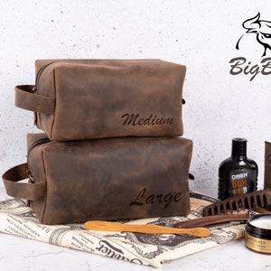 Men's Leather Toiletry Bag, Personalized Valentines Gift, Mens Travel Shaving Dopp Kit, Custom Groomsmen Purse for Him Her Husband, Unisex, choco