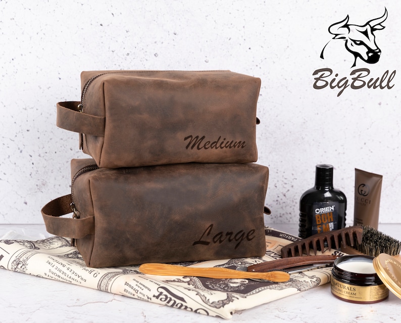 Men's Leather Toiletry Bag, Personalized Valentines Gift, Mens Travel Shaving Dopp Kit, Custom Groomsmen Purse for Him Her Husband, Unisex, choco