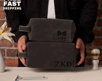 Personalized Black Leather Toiletry Bag – Handmade Dopp Kit – Travel Organizer for Men