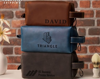 Personalized Leather Dopp Kit – Corporate Logo Gift – Full Grain Toiletry Bag for Men