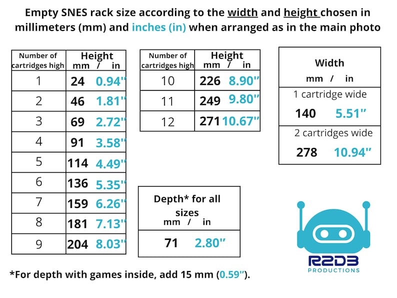 May include: A technical chart detailing the dimensions of an empty SNES rack. The table lists height in millimeters and inches for 1 to 12 cartridges high, width for 1 or 2 cartridges wide, and a depth of 71 mm or 2.80 inches, plus 15 mm or 0.59 inches for games.