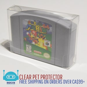 May include: A grey Nintendo 64 Super Mario 64 video game cartridge in a clear plastic protector. The cartridge has a colourful label with Mario and other characters. The protector is transparent.