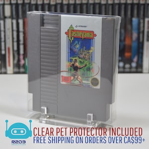 May include: A grey Nintendo Entertainment System (NES) game cartridge in a clear plastic case. The game is Castlevania, a classic video game from Konami. The case is on a clear plastic stand.