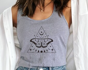 Celestial Moth Tank Top: Witchy Moon Phases Shirt