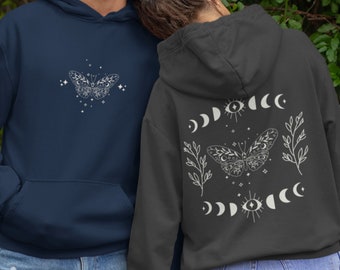 Boho Moth Moon Phase Hoodie: Celestial Back Print