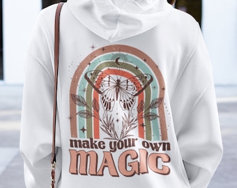 Retro Celestial Zip Up Hoodie: Moth Graphic, Spiritual Clothing