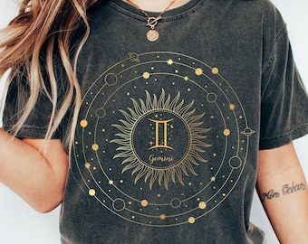 Comfort Colors Vintage Zodiac Gemini Tee, Trendy Celestial Gemini Shirt, Oversized Astrology T Shirt, Zodiac Birthday Gift For Gemini