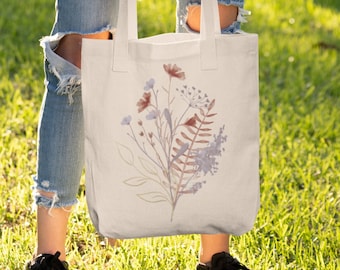 Boho Pressed Flowers Canvas Tote Bag, Cottage Core Floral Tote Bag, Farmers Market Reusable Bag, Gardner Lovers Gift Idea, Wildflower Tote