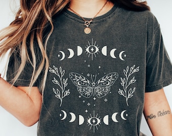 Comfort Colors Evil Eye Moth T-Shirt: Vintage Moon Phase Celestial Tee