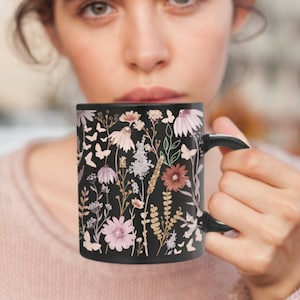 Wildflower Cottagecore Mug, Floral Coffee Mug Gift For Mothers Day, Aesthetic Pressed Wildflower Mug, Large Black Mug, Fairycore Mug Gift