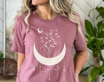 Floral Moon Crystals T-Shirt: Mystical Celestial Tee