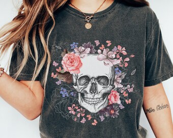 Comfort Colors Floral Skull T-Shirt: Dark Academia Witchy Style