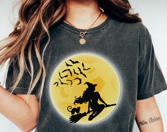 Moon Witch T-Shirt: Halloween Bats Design, Spooky Season Tee
