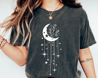 Comfort Colors Crescent Moon Crystals Shirt, Vintage Celestial T Shirt, Mystical Fairycore Shirt, Floral Mystic Moon Shirt, Celestial Gifts